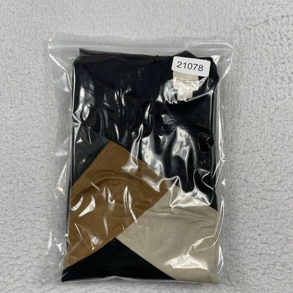 Chicos Dress Womens 1 Petite Medium 8P Black Brown Suede Faux Leather Patchwork - Picture 14 of 14